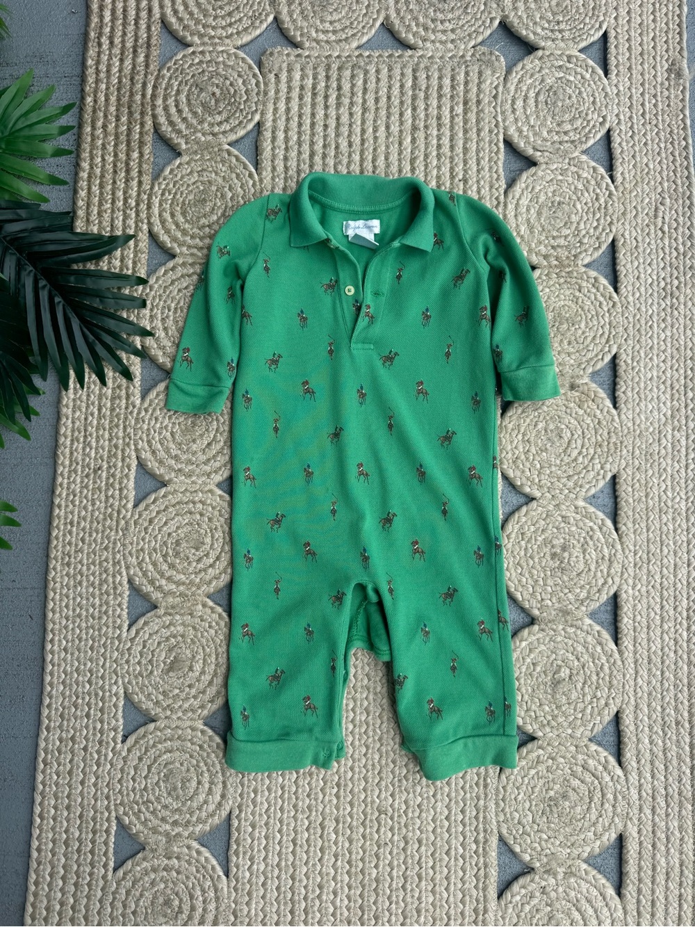 Ralph Lauren Green Polo Horse Print Baby Romper / Coverall Size 9M